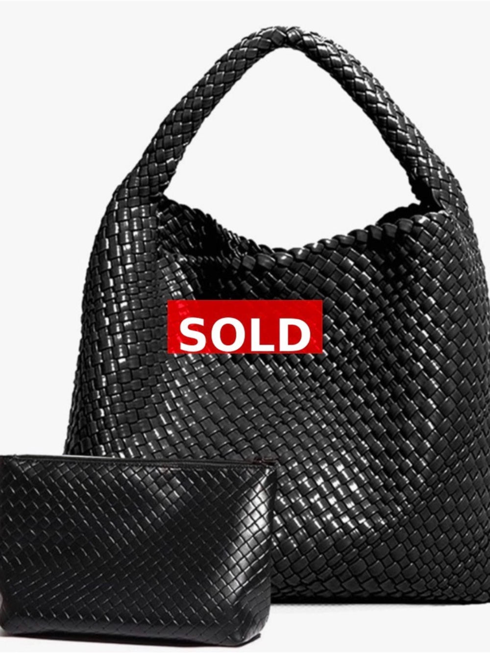 ***SOLD ON DEPOP***Woven Leather Hobo Bag with Pouch - Black
